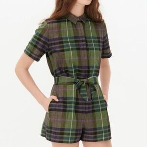 Sandro Paris Green & Purple Plaid Linen Romper - Open Back Detail Size 1